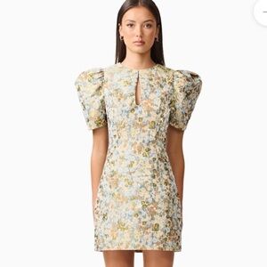 elliatt tasmin blue & yellow floral print puff sleeve keyhole mini dress small